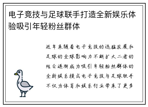 电子竞技与足球联手打造全新娱乐体验吸引年轻粉丝群体
